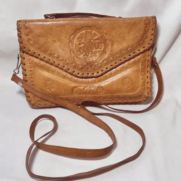 Costa Rica Leather Vintage Shoulder/Crossbody Bag-Removable Strap-Camel/Tan-Rose - Picture 2 of 15